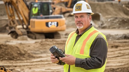 Aufkleber - A construction foreman in a reflective vest and hard hat, holding a radio and standing in front of a construction site with visible machinery and workers, Construction site scene