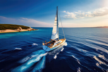 Yacht on sea surface. Luxury cruise boat. Fishing sea cruise.