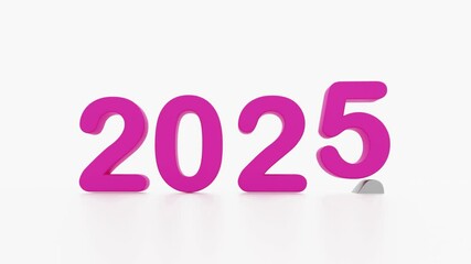 Poster - animation of 2025 new year, happy new year 2025, 3d illustration of 2025 purple 3d text turning year from 2021 to 2022. white background with empty space for tex