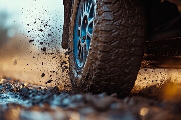 Off road vehicle kicks up mud while navigating a rugged trail in an outdoor adventure setting