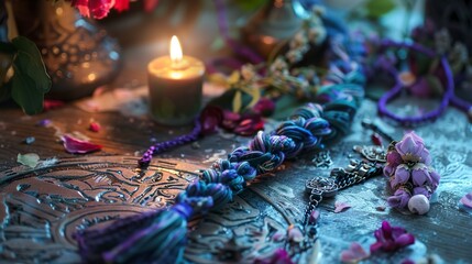 Close-up of a Wiccan handfasting cord, braided and adorned with charms, lying...