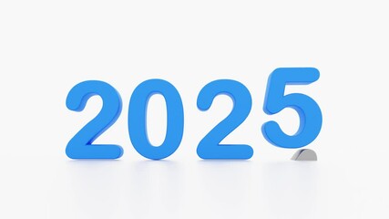 Poster - animation of 2025 new year, happy new year 2025, 3d illustration of 2025blue 3d text turning year from 2021 to 2022. white background with empty space for tex