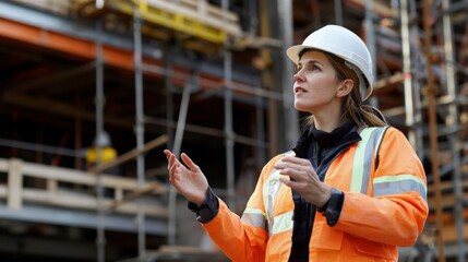 Aufkleber - A construction forewoman in a reflective jacket and hard hat, giving instructions, with steel beams and scaffolding behind