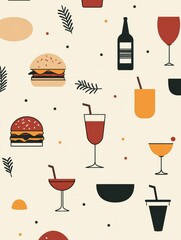 Poster - This composition showcases an appealing variety of drinks and burgers on a minimalist backdrop, ideal for food enthusiasts. Generative AI