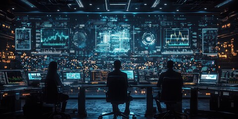 Poster - Three Silhouettes Working at Computer Stations in a Dark Room with a Large Digital Display