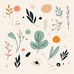 Poster - This artwork features an array of minimalist doodles that celebrate nature, including vibrant leaves, delicate flowers, and organic shapes. Generative AI