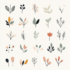 Poster - A collection of minimalist doodles featuring diverse nature elements like flowers and leaves, arranged in a visually pleasing pattern. Generative AI