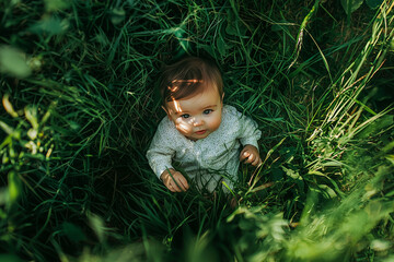 cute baby girl on green grass in the park. happy childhood