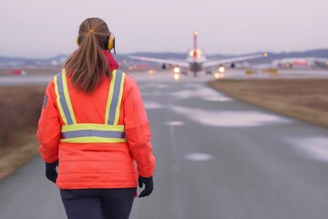 A female airport worker in bright attire observes an approaching airplane during dusk on an active runway