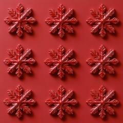 Decorative red snowflake designs arranged on a vibrant red background for winter celebration