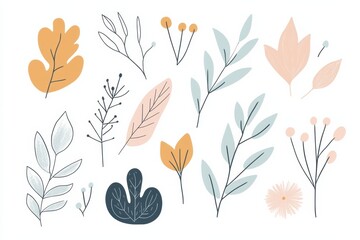 Poster - A collection of charming, minimalist doodles showcasing various leaves and flowers in soft pastel colors, celebrating nature's elegance. Generative AI