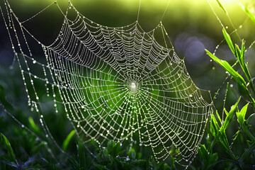 Wall Mural - spider web with morning dew drops, generated by ai