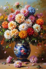 Wall Mural - Colorful dahlia flowers in a glass vase brightening up a room with their vibrant hues