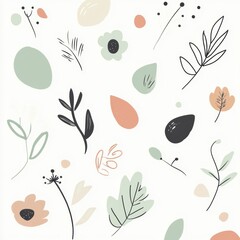 Poster - A collection of minimalist doodles showcases various leaves, flowers, and nature elements arranged artistically on a light backdrop. Generative AI