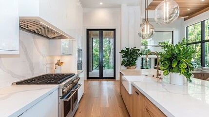 A modern kitchen featuring sleek cabinets, a spacious countertop, an elegant island, and large windows that bring in natural light.