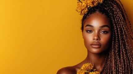 A stunning woman with braided hair adorned with flowers, posing against a vibrant yellow backdrop, exuding grace and elegance in this captivating portrait.