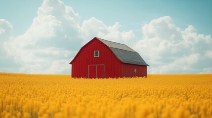 A red barn stands in a vibrant yellow field under a clear blue sky in rural countryside