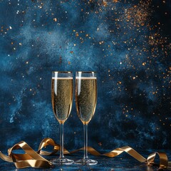 Two elegant champagne flutes filled with sparkling drink and gold ribbons on a dark blue background