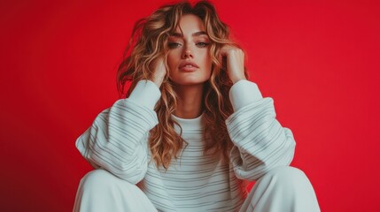 A young woman in a white outfit with tousled hair poses against a red backdrop, projecting elegance and style in an artistic fashion portrait.