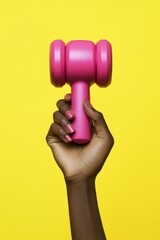 A person holds a bright pink dumbbell against a cheerful yellow background during a workout