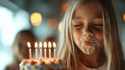 A young girl is about to blow out the lit candles on her cake with a blissful expression as she celebrates her birthday, creating a warm and memorable moment.