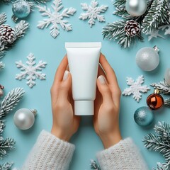 Winter skincare routine with a moisturizer tube and holiday decorations on a blue background