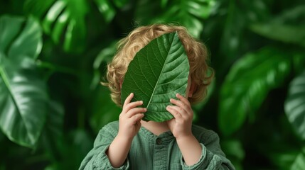 In a playful interaction with nature, a child hides their face behind a leaf amidst lush green foliage, evoking a sense of innocence and connection to nature.