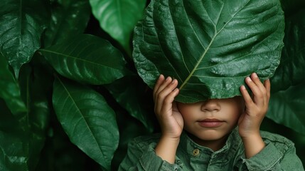 A child playfully hides their face behind a large leaf while surrounded by lush green foliage, capturing a sense of mystery and nature in the image.