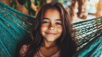 A young girl with long hair rests comfortably in a hammock, smiling with eyes closed, emanating peace and relaxation, in a warm, cozy environment.