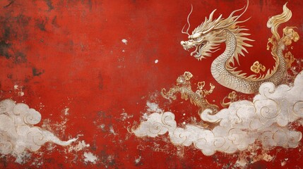 Ancient Chinese golden dragon soaring through clouds on a vibrant red background