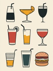 Poster - A selection of various drinks and a burger presents a perfect setting for a laid-back dining experience on a weekend. Generative AI