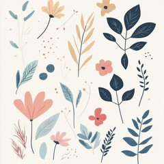 Leinwandbilder - Delicate doodles showcase an array of leaves and flowers, highlighting soft colors that evoke a serene and natural ambiance. Generative AI