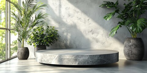 Poster - Marble Platform with Greenery and Sunlight Against a White Wall