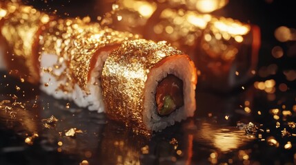 Gold sushi closeup. Premium Asian food background