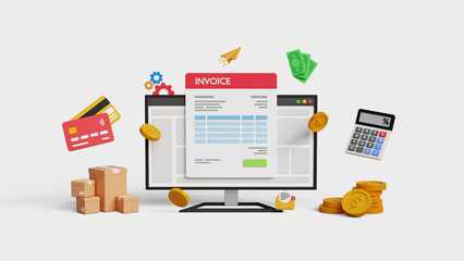 Digital invoice form. Accounting and finance audit, calculate budget. Business invoice, online transaction, payment or tax calculation. 3D computer with invoice receipt and icons