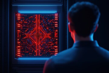 Poster - A person observing a glowing, intricate circuit design illuminated in red and blue colors.
