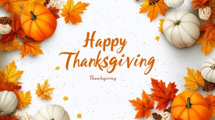 Happy Thanksgiving background with autumn leaves and pumpkins illustrated in vector format