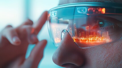 Poster - Close-up of a person wearing augmented reality glasses reflecting a cityscape.
