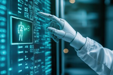 Poster - Close-up of a robotic hand interacting with a digital interface, showcasing advanced technology.