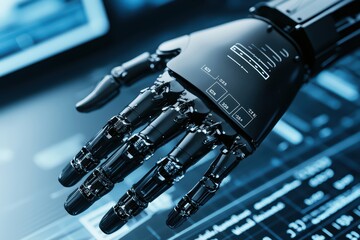 Poster - Close-up of a robotic hand against a futuristic digital background.