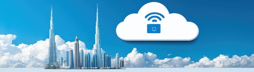Poster - Cloud computing concept with city skyline and blue sky background, showcasing modern technological advancement.