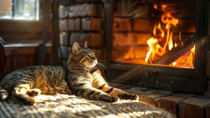 a cat lying in a patch of sunlight near a fireplace, enjoying the warmth on a...
