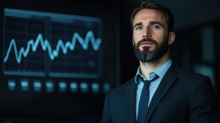 Poster - confident businessman presenting financial data in modern office environment.