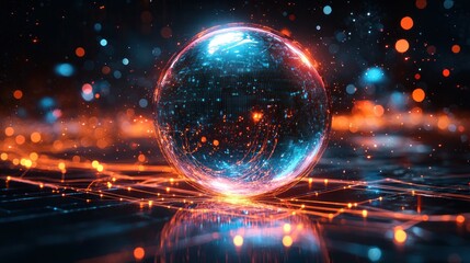Poster - A glowing orb of interconnected data points against a dark, shimmering background