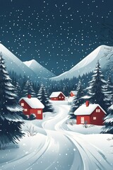 Wall Mural - Snowy winter landscape featuring cozy cabins among tall pine trees under a starry sky