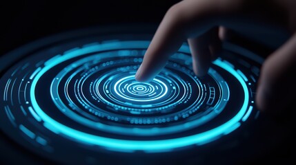 Poster - Finger touching a glowing digital interface, blue neon lights on a dark background.