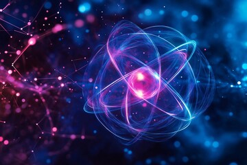 A vibrant and colorful depiction of an atom showcasing its electrons in motion against a cosmic background