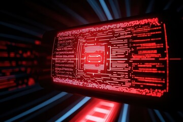 Poster - Futuristic digital interface with red glowing elements and circuit patterns on a dark background.