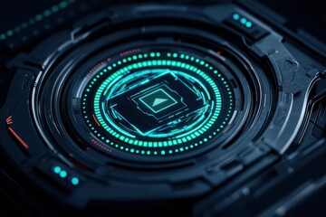Poster - Futuristic interface with glowing blue elements, dark background, abstract design for sci-fi projects.