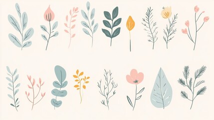 Aufkleber - A collection of minimalist doodles showcases various leaves and flowers in soft colors, perfect for nature-themed artwork or decor. Generative AI